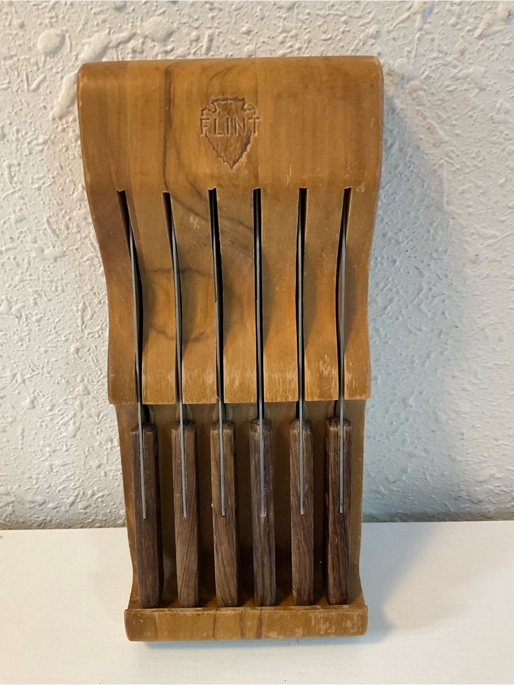 Vintage EKCO Flint Steak Knife Set of 6 Original Wood Holder Made in the USA